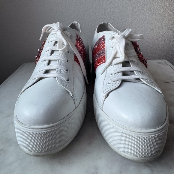 Miu Miu Crystals Glitter White Leather Platform Sneakers Size 10‎ - Picture 3 of 11